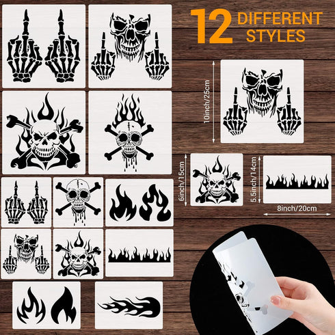 12 Pcs Skull Stencil Flame Stencil Fire Skull Stencils for Airbrushing Reusable Airbrush Flame Template Flame Painting Decor Laser Cut Reusable Te...
