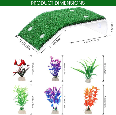 2 Pcs Turtle Basking Platform Ramp Medium Tortoise Terrace Resting Ladder Simulation Lawn and 6 Pcs Artificial Plastic Aquarium Plants Turtle Tank...