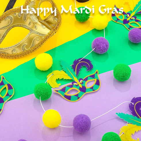 3 Pieces Pom Pom Garlands Mardi Gras Garlands Pompom Ball Banners Gold Purple Green Felt Ball Banners Mardi Gras Hanging Pom Pom Decorations for M...