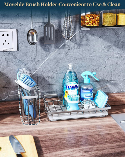 Consumest Sink Caddy-Kitchen Sponge Holder + Dish Brush Holder for Kitchen Sink, Sink Organizer with Drip Tray for Countertop Stainless Steel Rust...