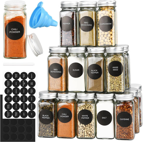 12/24/36/48pcs Glass Spice Jars, 4oz Empty Spice Jars with Metal Caps, Labels, Shaker Lids, Collapsible Funnel, Chalk Pen, Seasoning Organizer for...