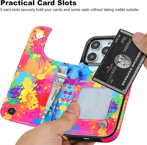 HAOPINSH for iPhone 14 Pro Wallet Case with Card Holder, Colorful Graffiti Pattern Back Flip PU Leather Kickstand Card Slots Case for Women Girls,...