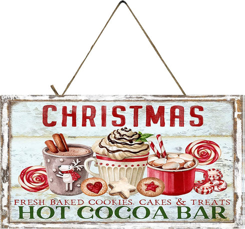 Christmas Hot Cocoa Bar Decor Hanging Wood Wall Sign - Wall Hanging House Decor w/Christmas Wall Art Design - Home Decor Art Accessories - Twisted...