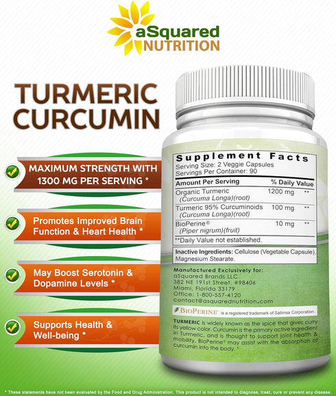 aSquared Nutrition Turmeric Curcumin 1300mg with BioPerine Black Pepper Extract - 180 Capsules - with 95% Curcuminoids, 100% Natural Tumeric Root ...