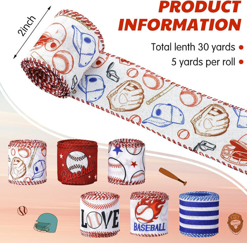 6 Rolls 30 Yards Sports Wired Edge Ribbon DIY Sport Ball Ribbon Crafts Fabric Ribbons for Gift Wrapping Bows Party Decoration Sewing Supplies...