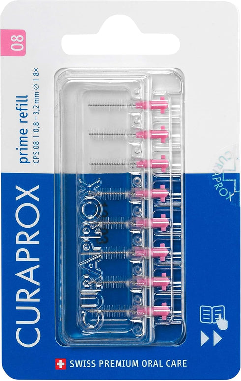 Curaprox CPS 08 Prime Refill Interdental Brushes, 8-Piece Refill Pack interdental brushes CPS 08 prime, 0.8 mm to 3.2 mm, Pink...