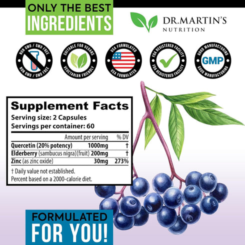 Extra Strength Quercetin with Zinc & Elderberry 1230mg | Supports Immune System & Cardiovascular Health, Helps Improve Inflammatory Responses & Im...
