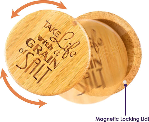Totally Bamboo Salt Cellar Bamboo Storage Box with Magnetic Swivel Lid, 6 Ounce Capacity, "Take Life with a Grain of Salt" Engraved on Lid...