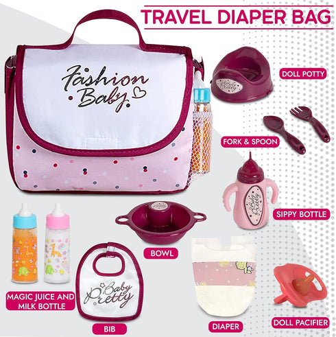 Fash N Kolor - Complete Baby Doll Changing Travel Diaper Bag with Baby Doll Accessories Set -Including 2 Magic Bottles, Pacifier, Pamper and lot m...