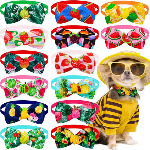 15pcs Summer Small Dog Collar with Bow Ties, Bulk Adjustable Hawaii Fruit Pattern Dog Bow Ties, Pet Dog Collar Grooming Bowties, Puppy Dog Bow Tie...