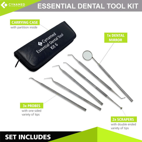 Cynamed Essential Dental Tool Kit Premium Stainless Steel Pick Oral Care Kit Hygiene Tooth Scraper Tartar Dental Scaler Tweezers Mouth Mirror for ...