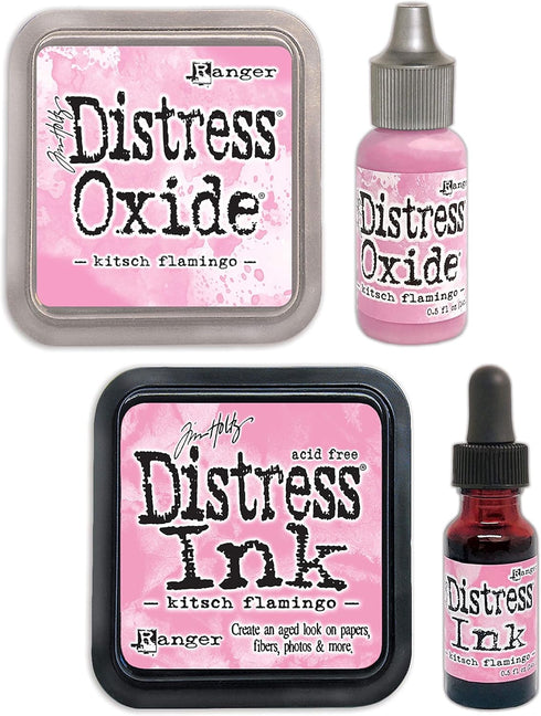 Tim Holtz Distress Kitsch Flamingo February 2021 Release, Distress Oxide Ink Pad and Oxide Reinker, Distress Ink Pad and Distress Reinker, Bundle ...