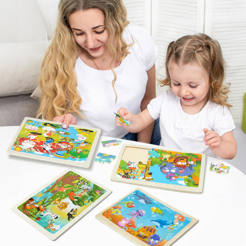 Wooden Puzzles for Toddlers Kids - 4 Packs 24PCS Animal Themed Wood Puzzle, Ocean Under The Sea Treasure Zoo Farm Preschool Educational Learning T...