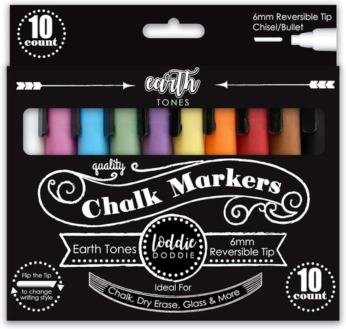 Loddie Doddie Liquid Chalk Markers for Chalkboard - 6mm Reversible Chisel and Bullet Tips, Chalkboard Markers Erasable, Earth Tones Chalk Pens 10 ...