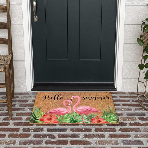 Coconut Door Mat Hello Summer Happy Life Mat Flamingo Indoor Outdoor Entryway Floor Mats Dries Quickly Cursive Backing Plain Easy to Clean Fade Re...