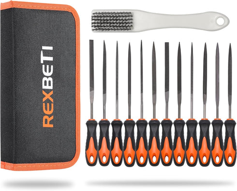 REXBETI 13Pcs Metal Needle File Set, Small Diamond Files, Premium Grade T12 Drop Forged Alloy Steel, 12pcs Needle Files with Metal Brush and Carry...