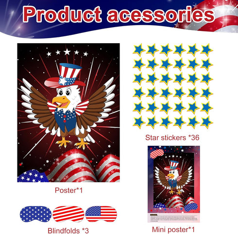 ASTARON Pin The Star on The Eagle Patriotic Party Game 4th of July Independence Day Party Activities Game, Poster with 36 Stickers & 3 blindfolds ...