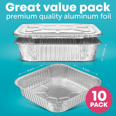 8x8 Disposable Aluminum Pans With Lids - 10 Pack Foil Pans For Cooking, Baking Cakes, Roasting & Homemade Breads - Disposable Food Containers With...