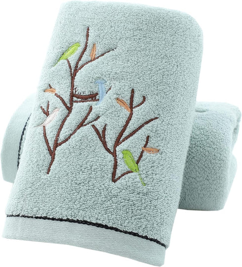 Pidada Hand Towels Set of 2 Embroidered Bird Tree Pattern 100% Cotton Absorbent Soft Decorative Towel for Bathroom (Aqua Green)...