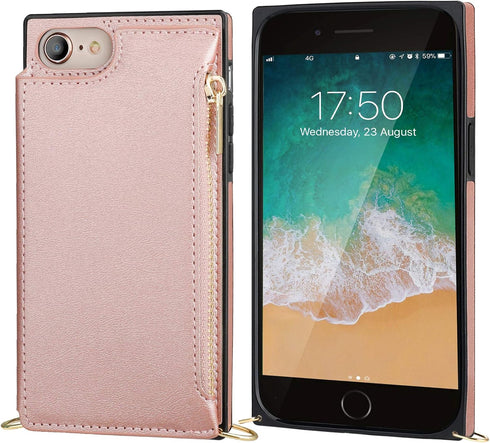 Bocasal Crossbody Wallet Case for iPhone SE 2022/SE 2020/7/8 with Card Holder,Zipper Card Slot Protector Shockproof Purse Cover with Removable Cro...