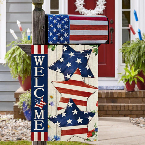 4th of July Garden Flag Welcome Stars Patriotic Striped Independence Day Flag Vertical Double Sided Patriotic Memorial Day American Veteran Holida...