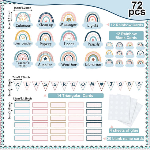 Gueevin 72 Pcs Boho Classroom Jobs Bulletin Board Set Rainbow Bulletin Board Cutouts Classroom Jobs Chart Teacher's Helper Chalkboard Decor for Ba...