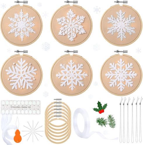 6 Sets Winter Embroidery Kit for Beginners Snowflakes Christmas Cross Kits DIY Needlepoint Kit with Patterns, Instructions, Embroidery Hoops, Thre...