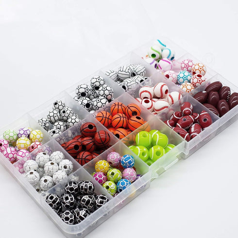 15 Styles Sports Beads Football Baseball Basketball Tennis Volleyball Soccer with 1 Roll of Elastic Rope and a Plastic Box for DIY Bracelet Neckla...