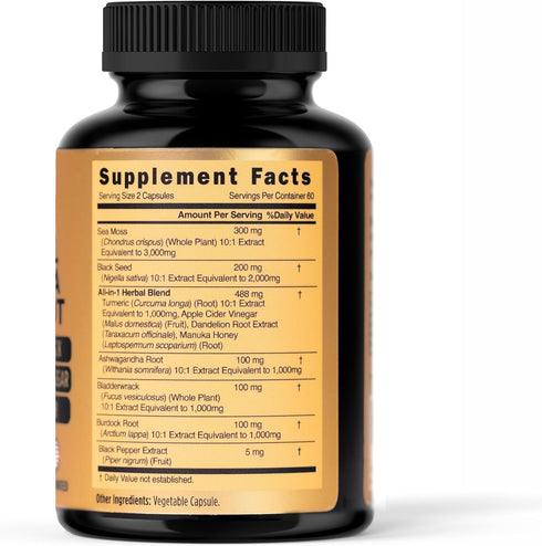 Sea Moss 3000mg Black Seed Oil 2000mg Ashwagandha 1000mg Turmeric 1000mg Bladderwrack 1000mg Burdock 1000mg Manuka Honey Dandelion ACV - 120 Capsu...