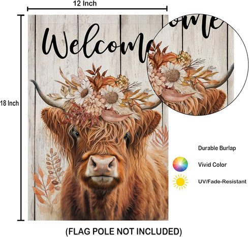 Welcome Fall Garden Flags for Outside Decorations, Thanksgiving Highland Cow with Flowers Maple Leaves Small Yard Flag, Harvest Autumn Seasonal Fa...