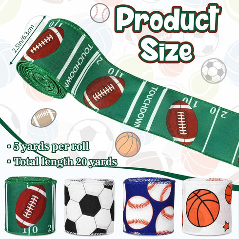 4 Rolls 20 Yards Sports Themed Wired Edge Ribbon, 2.5" Football Baseball Basketball Soccer Printed Burlap Ribbon for Birthday Sports Camp Party De...