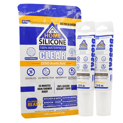 Clear BioSeal Waterproof & Low Odor 100% Silicone Sealant Caulk for Home 2.8oz - Pack of 2...