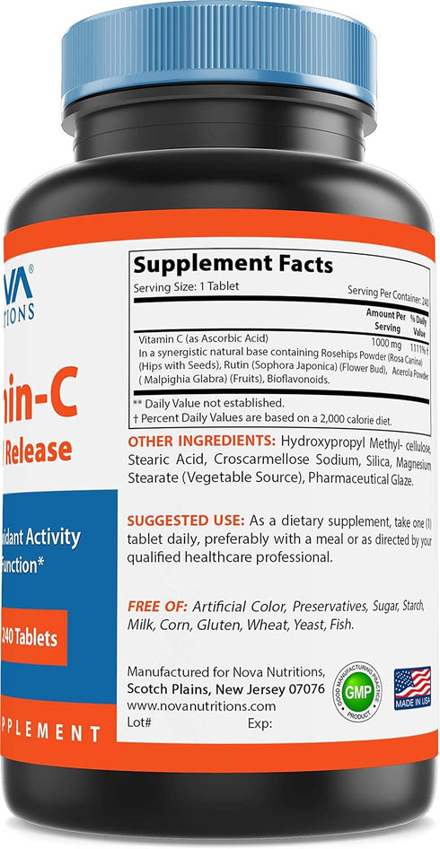 Nova Nutritions Vitamin C 1000 mg 240 Tablets (Extended Release) Made with Rose HIPS, Rutin, Acerola Powder, Bioflavonoids...
