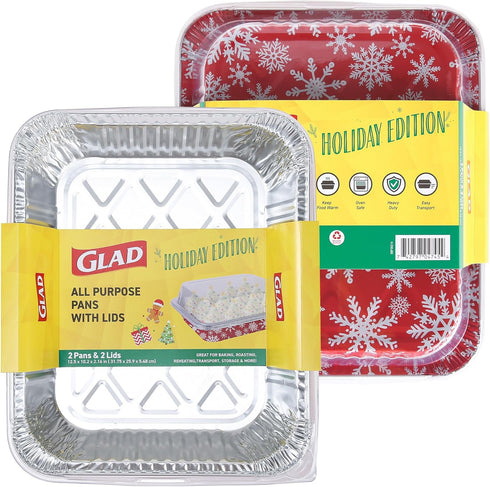 Glad Disposable Aluminum All-Purpose Pans in Red & White Snowflake Holiday Pattern, 2ct with Lids | Printed Durable Foil Steam Pans | 12.5 x 10.2 ...