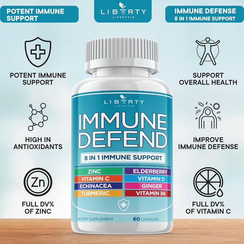 8 in 1 Immune Defense Support, Immunity Capsules Supplement Booster with Echinacea Zinc 50mg, Vitamin C, D3 5000 IU, Turmeric Curcumin & Ginger, E...