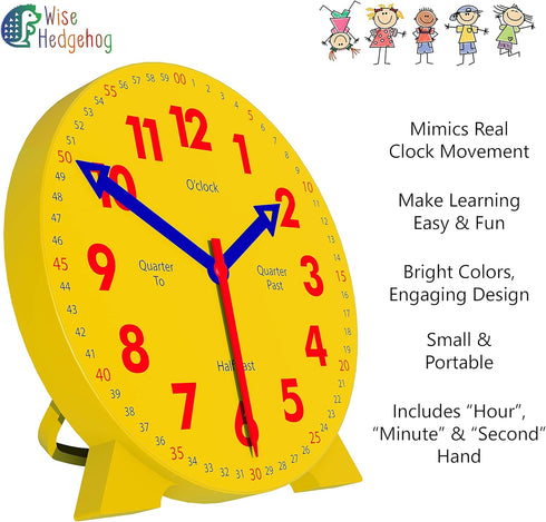 Kids Telling Time Practice Learning Clock, 4 Inch Size Teaching Handheld Analog Clock, Geared Movement Makes Fingers Move Like Real Clocks, for Sc...