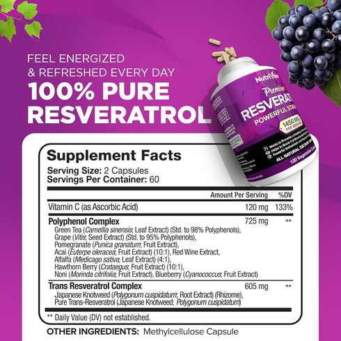Nutrivein Resveratrol 1450mg - Antioxidant Supplement 120 Capsules – Supports Healthy Aging & Promotes Immune, Brain Boost & Joint Support - Made ...