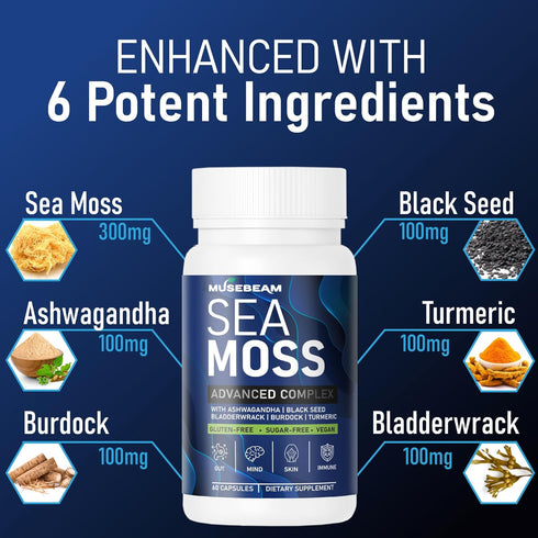 Organic Irish Sea Moss 6000mg - 2000mg Black Seed Oil Ashwagandha Burdock Root Ginger Capsules - Advanced Seamoss Vitamin Multi Mineral Complex Su...