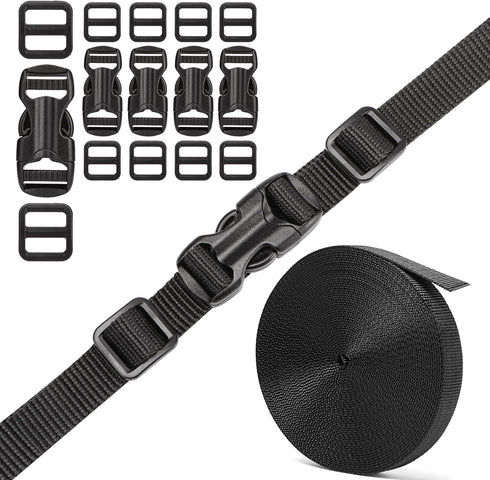 5/8" Buckle and Strap Set: 6 Yards of Thick Nylon Webbing, 6 Pack Quick Side Release Adjustable Plastic Buckles, 12 Tri-Glide Slide Clips, Black (...