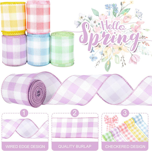 Spring Wired Edge Ribbon 30 Yards Pastel Buffalo Plaids Craft Ribbon Light Blue Yellow Pink Purple Green Decorative Fabric Ribbon for Easter Wreat...