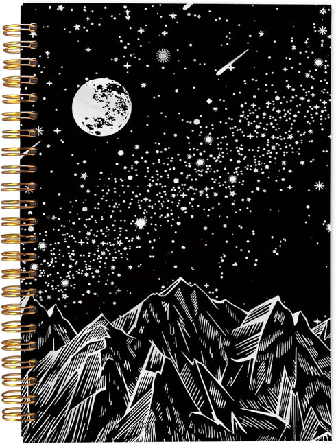 Mountains Moon Celestial Starry Night Notebook, Boho Notebook, Dark Aesthetic Journal, Aesthetic Notebooks for School, Black and White Spiral Note...