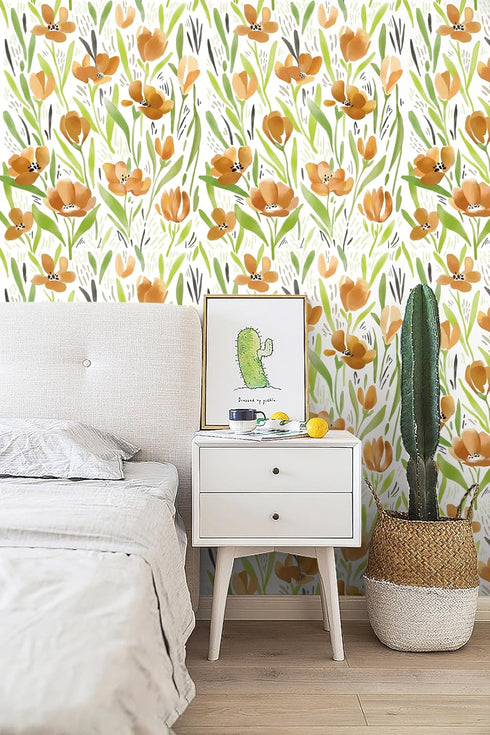 HAOKHOME 93392-1 Spring Floral Wallpaper Peel & Stick Wall Paper with White/Green/Earth Tone Flower Contact Paper for Bedroom 17.7in x 9.8ft...