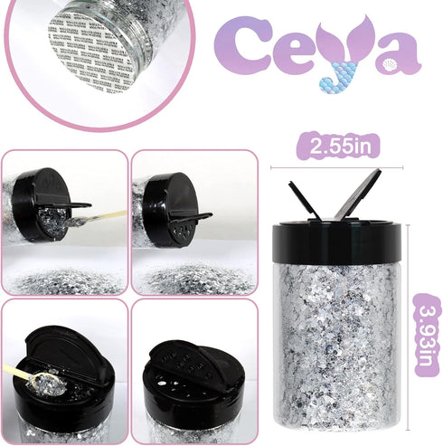 Ceya Chunky Glitter, 4.9oz/ 140g Bright Silver Craft Glitter Powder Mixed Fine Flakes Iridescent Nail Sequins for Nail Art, Hair, Epoxy Resin, Tum...