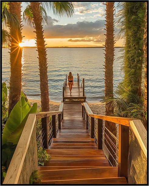 Posterizer 1 pcs-serene coastal scene with tall palm trees and stairway 2-Landscape & Nature Art-Coastal & Nautical Art-Decor for Home & Office- u...