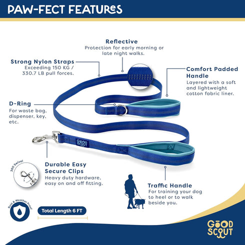 Good Scout Padded Handle Dog Leash, Durable Walking & Training Leash for Puppies & Adult Dogs with 2 Handles, Blue/Sky...
