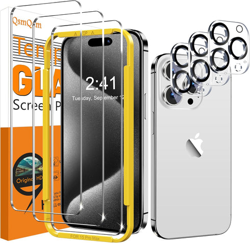 3 Pack Screen Protector for iPhone 15 Pro Max 6.7 Inch with 3 Pack Camera Lens Protector, Ultra HD Tempered Glass, 9H Hardness, Anti Scratch, Bubb...