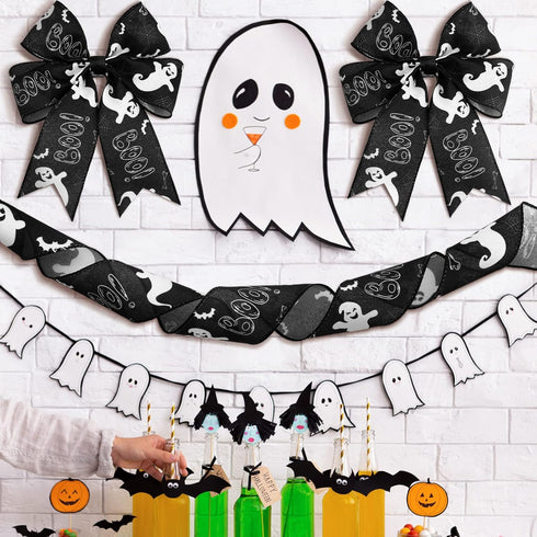 2 Rolls 12 Yards Halloween Wired Ribbons Spiderweb/Ghost Printed Ribbons Decorative Wrapping Ribbons Polyester Craft Ribbons for Halloween Home Pa...