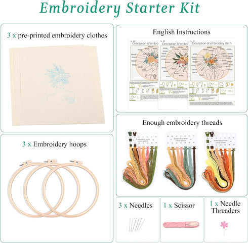 Harimau 3 in Beginner Embroidery Kit,Floral Plant Pattern,Cross Stitch Kits , Including Stamped Embroidery Cloth with 3 Embroidery Hoops, Color Th...