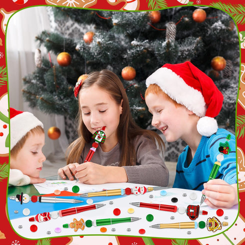 12 Pcs Christmas Beadable Pens, Plastic Bead Pens, Silicone Bead Pens, Snowmen Santa Gingerbread Bead Ballpoint Pen for Office School Women Kids S...
