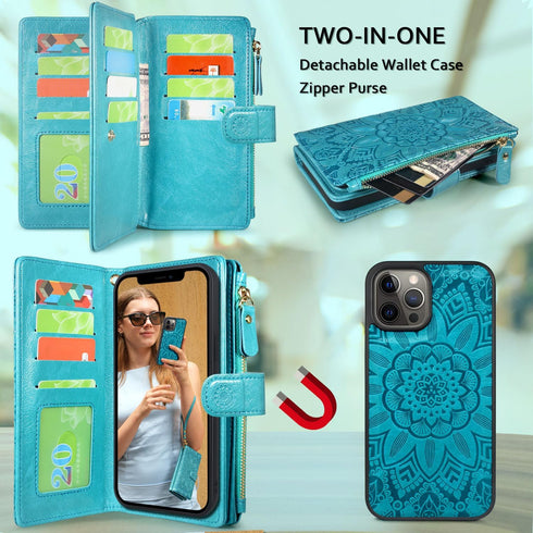 Harryshell Compatible with iPhone 12 Pro Max Case Wallet Detachable Magnetic Zipper Leather Cash Pocket 12 Card Slots Holder Wrist Strap Designed ...